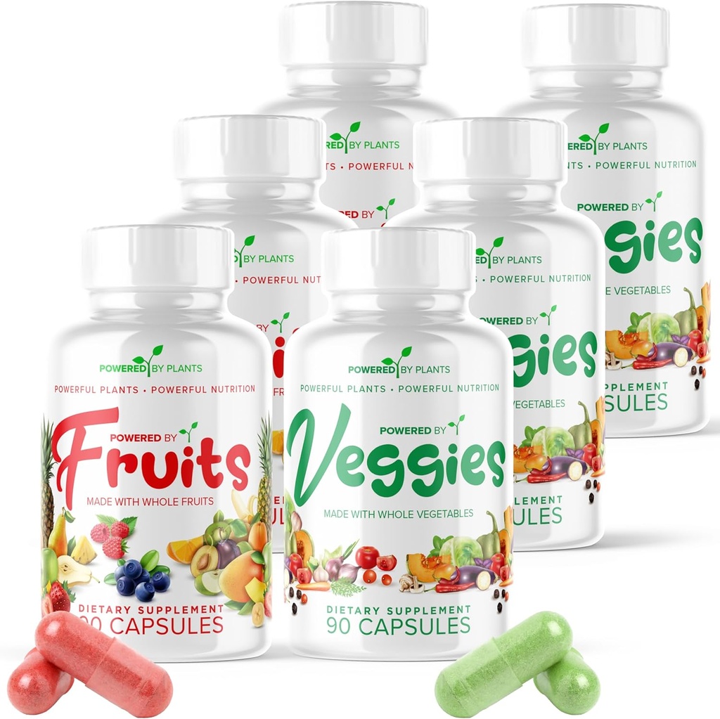 Obst & Gemüse Kapseln - Natürliche Superfood verpackt mit Vitaminen & Minerals - Obst & Gemüse Ergänzungen für Erwachsene Packung 6, 90 Kapseln Jede