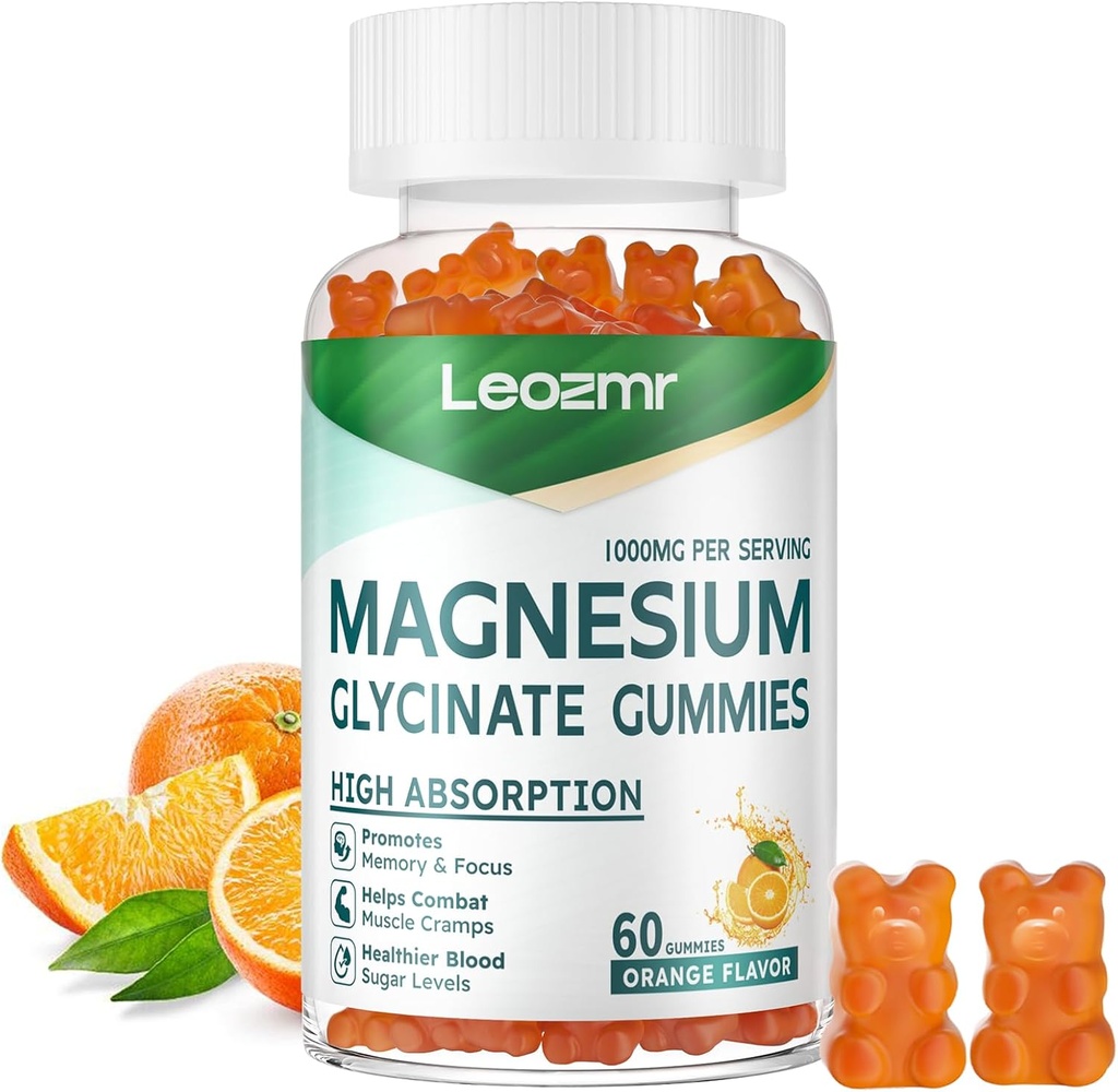 Magnesium Glycinate Gummies 1000mg - Zuckerfreie Magnesium-Kalium-Ergänzung mit Vitamin D, B6, CoQ10 für ruhige Stimmung & Schlaf-Unterstützung - 60 Orange Gummies