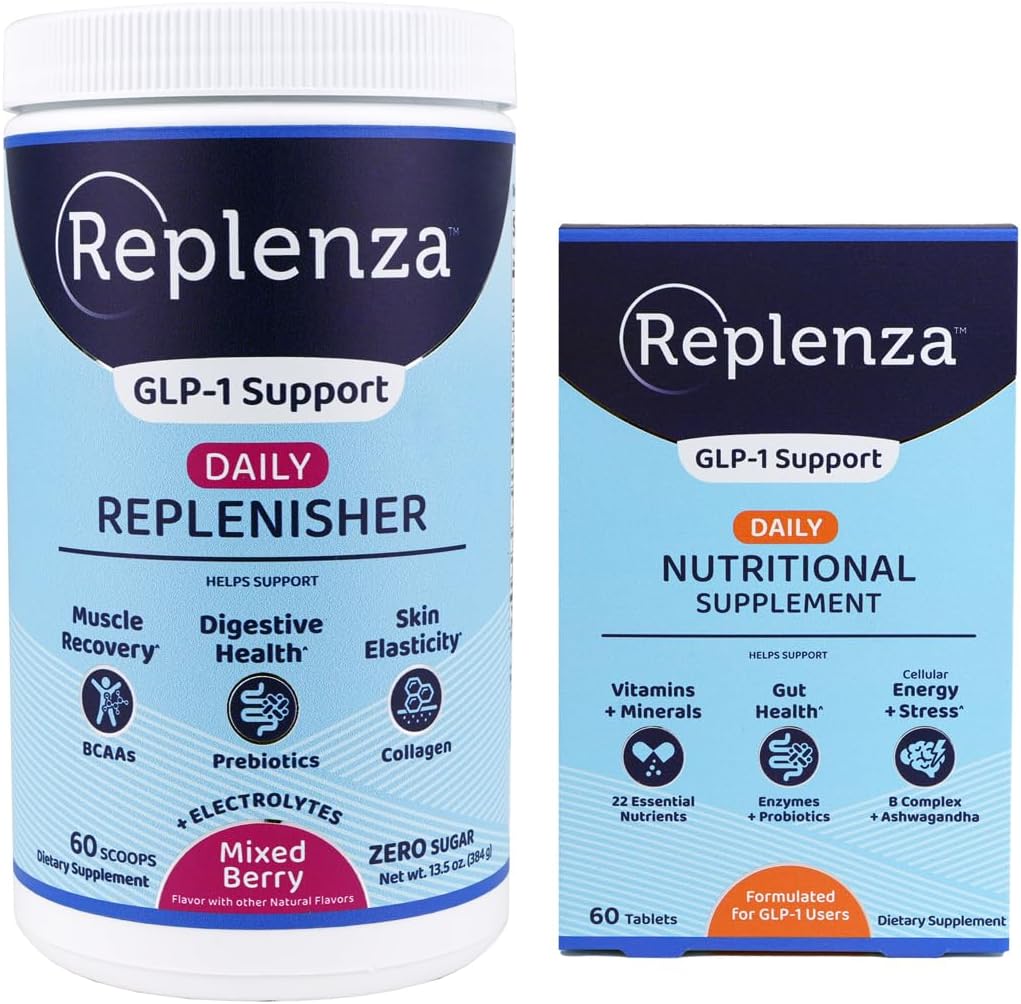 Replenza Daily GLP-1 Nutritional Support Bundle – Vitamine e Minerali essenziali per la salute del fegato (60 compresse) + Polvere di rifornimento giornaliera con aminoacidi, prebiotici e collagene (Berry, 60 Scoops)