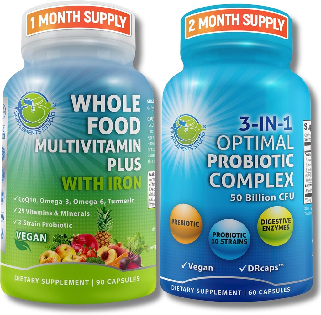 Gut & Immune Health Bundle - 3-in-1 Probiotic (50 Billion CFU, 10 Stämme) mit Verdauungsenzymen & Prebiotics & Vegan Whole Food Multivitamin mit Eisen angereichert mit Obst & Gemüse - Vegan, Non-GMO