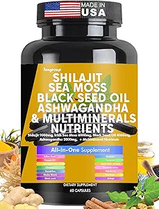 Shilajit Sea Moss Black Seed Oil Ashwagandha Burdock Vitamina C & D3 con Elderberry rhodiola rosea Dandelion Yellow Dock Turmeric ACV