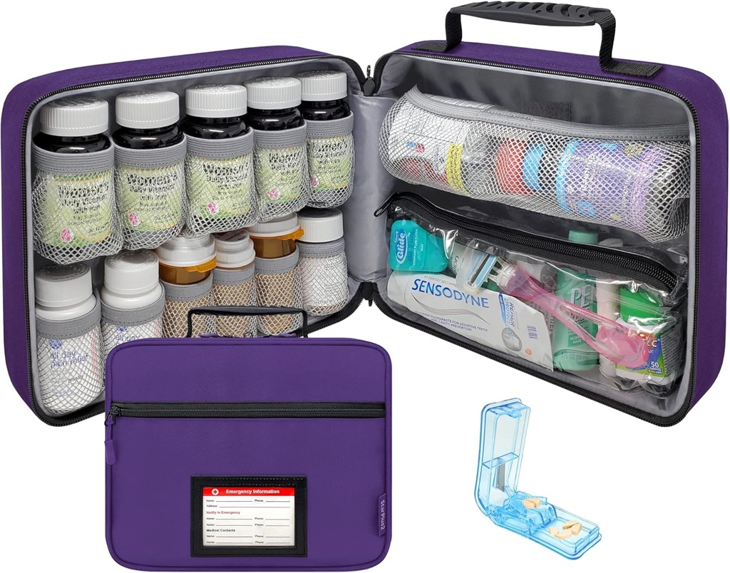 Sélectionner un grand organisateur de bouteilles de pilules avec pince à pilules, sac de médecine, étui, porte-médicaments, vitamines et fournitures médicales avec poches fixes – pour l'entreposage à domicile et les voyages