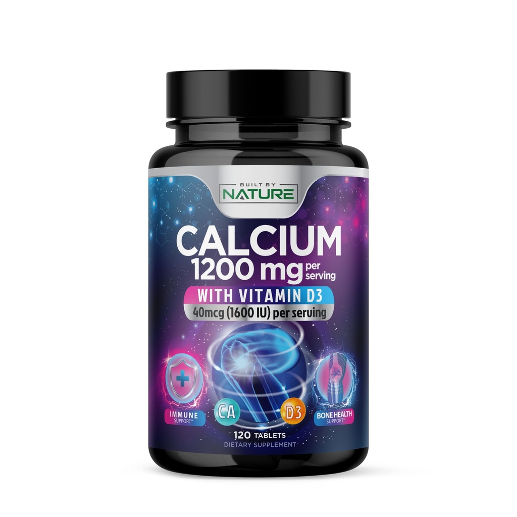 Calcium 1200mg con vitamina D3 per il miglior assorbimento - Advanced Bone Support Supplement, 1200 mg Carbonato di calcio & 1600 IU Vitamin D3, lento rilascio per il supporto immunitario, facile da ingoiare, 120 compresse