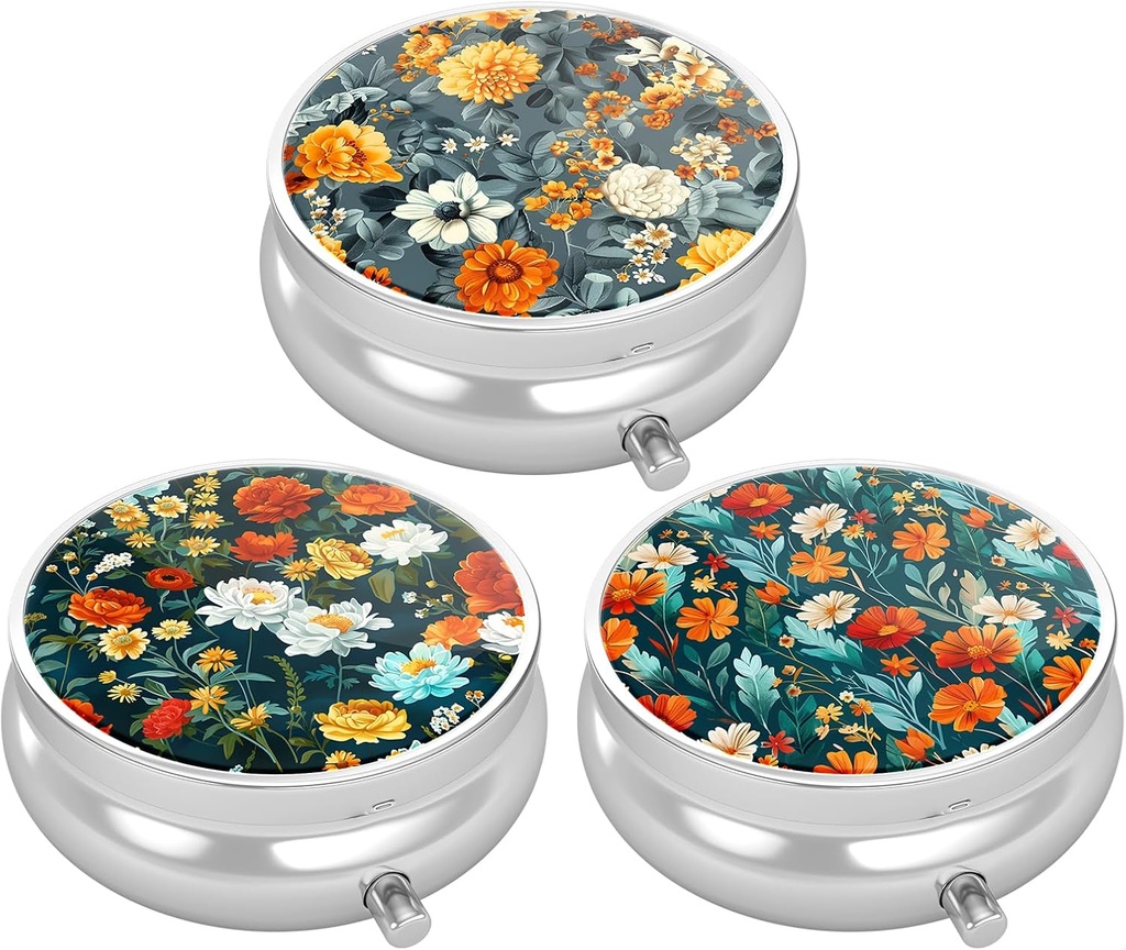 3 Pack Pill Box, petit étui à pilule pour la Purse & Pocket, Mignon organisateur de médecine de voyage, porte-conteneur de médicament portable pour tenir les vitamines, médicaments, huile de poisson et supplément, belle fleur