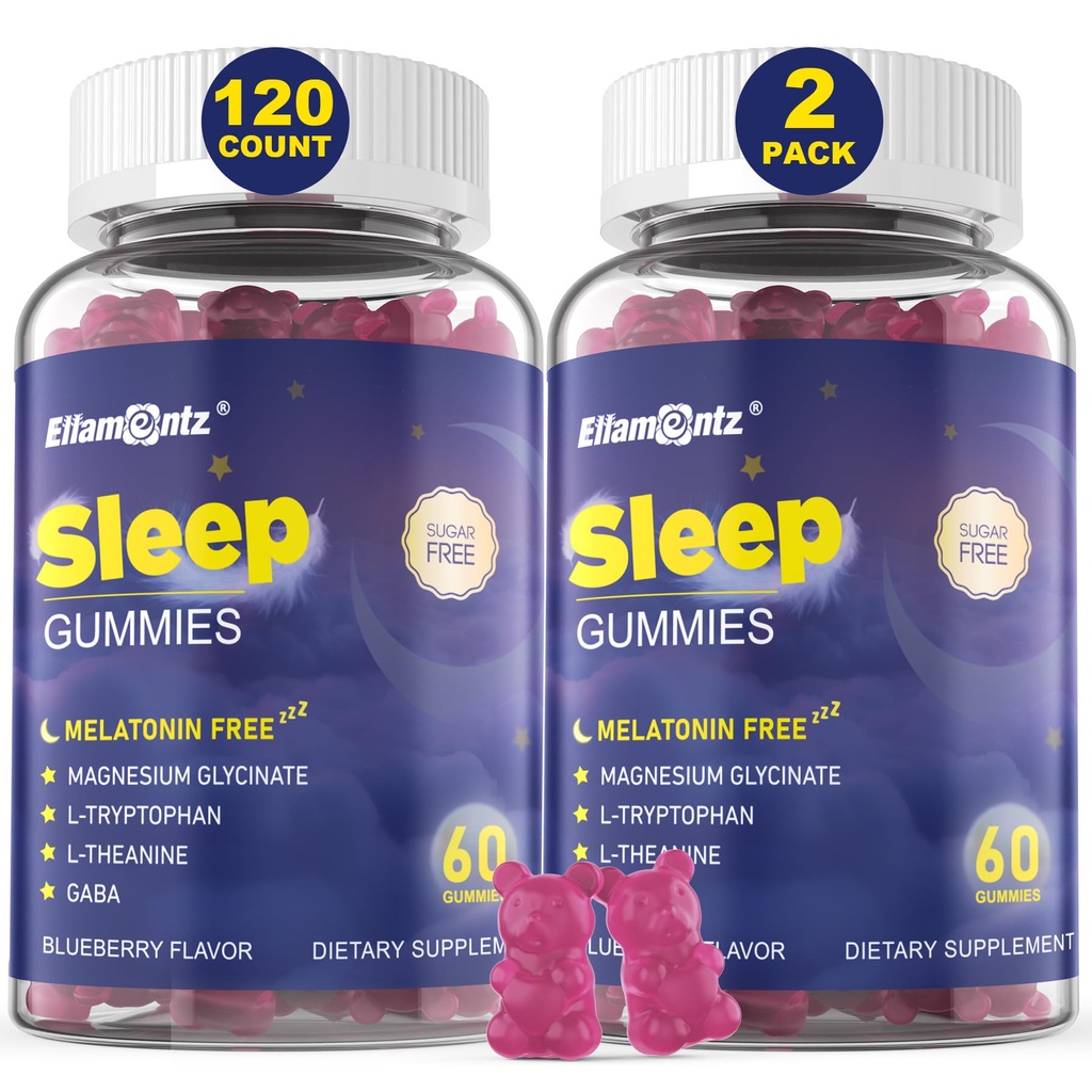 Melatonina Gommie per Adulti, Zucchero Gomma Addormentata Senza Melatonina, Gummie Naturali Calma con Magnesio Glycinate, L-Tryptophan, L-teanina, GABA, Ashwagandha, Valerian, 120cts