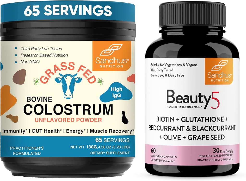 Sandhu's Pure Bovine Colostrum Powder Supplement für Mensch und Schönheit5 Vegetarische Kapseln| Immune, Gut, Muskel, Haar, Haut und Nagel Gesundheitsunterstützung| Non-GMO