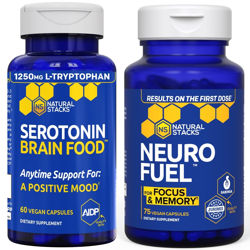 NATURAL STACKS NeuroFuel Nootropic + Serotonin Brain Food Bundle - Unterstützt Gedächtnis, Stimmung & Fokus* - 135 Gesamtkapseln