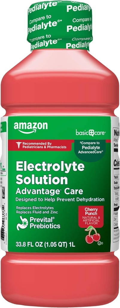 Soins de base Solution électrolyte Avantage Soin avec prébiotiques prévitaux, punch cerise, conçu pour aider à prévenir la déshydratation, remplace électrolytes, fluide et zinc, 33,8 fl oz (paquet de 1)