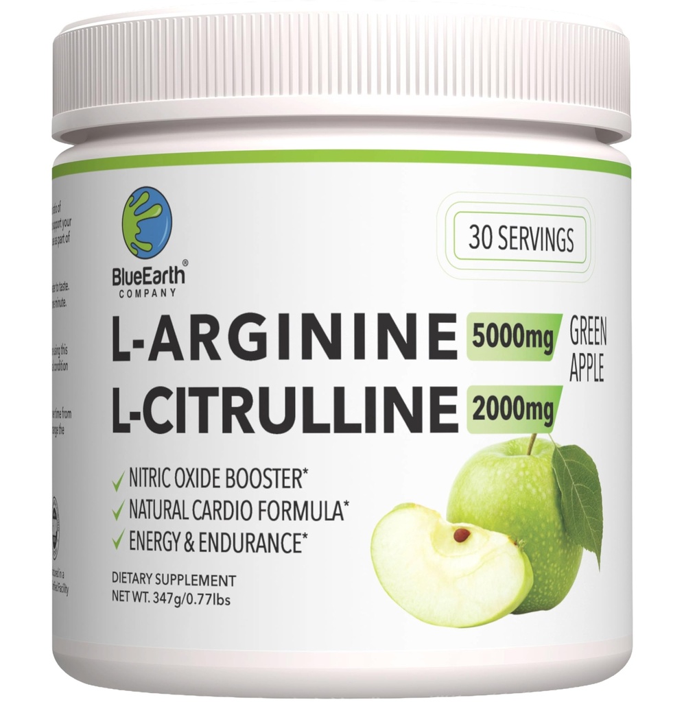 L-Arginine 5000mg + L-Citrulline 2000mg Mélange de complément de poudre complexe - Booster à oxyde nitrique pour la santé cardiaque, le flux sanguin et l'énergie - 30 portions (Pomme verte)