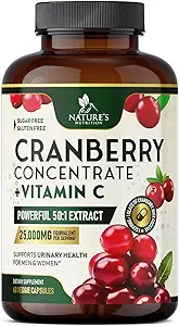 Pilules de supplément de canneberge 25 000mg - Canneberge à haute teneur en vitamine C pour les femmes et les hommes, soutien de santé de piège urinaire, sans sucre, sans gluten, sans OGM, extrait concentré de canneberge - 120 capsules