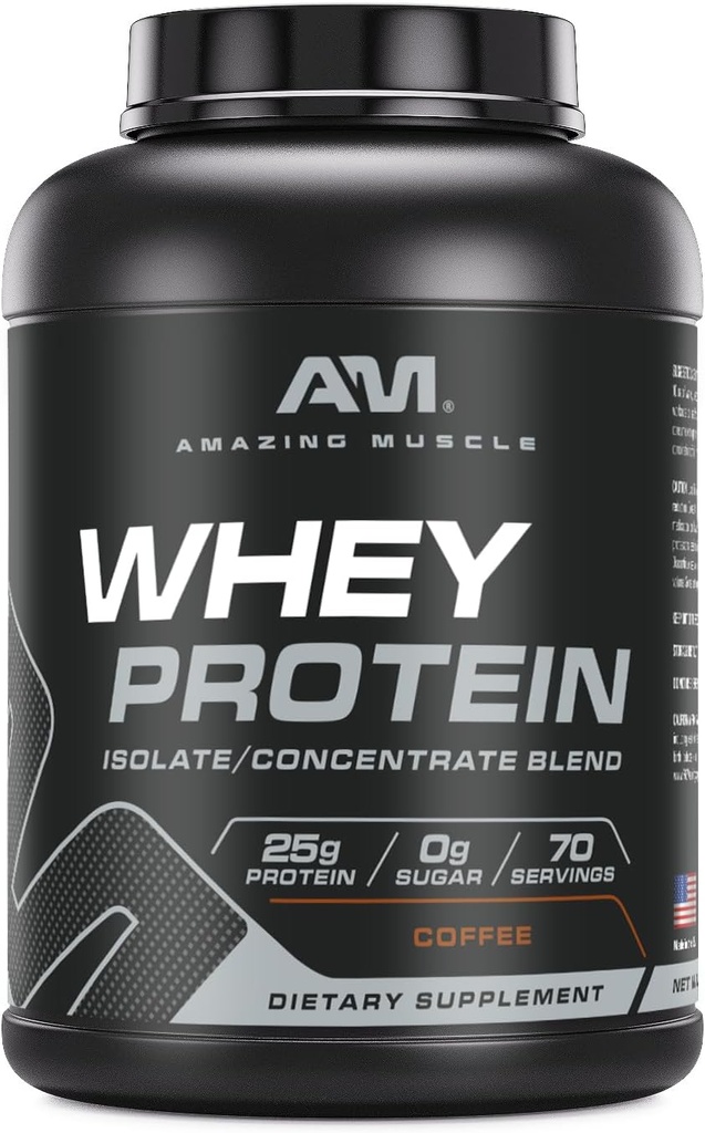 Amazing Muscle Whey Protein Isolate & Concentrate Blend | Coffee Flavor | 25 G Protein | 5 LB (2.26 Kg) | Non-GMO | Gluten-Free | Made in USA