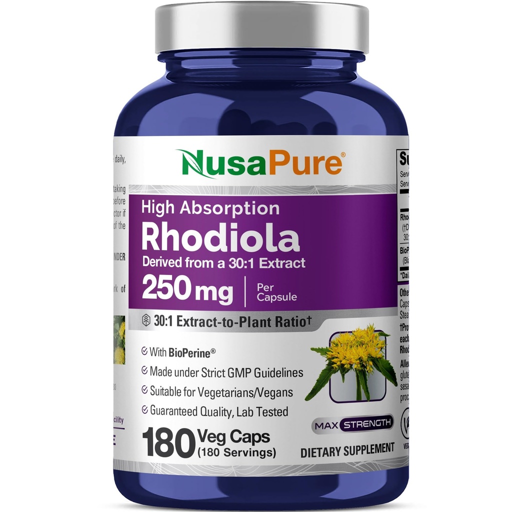 NusaPure Rhodiola Rosea 7.500mg 180 Veggie Kapseln (Non-GMO, Extrakt 30:1, Vegan & Glutenfrei) Bioperine