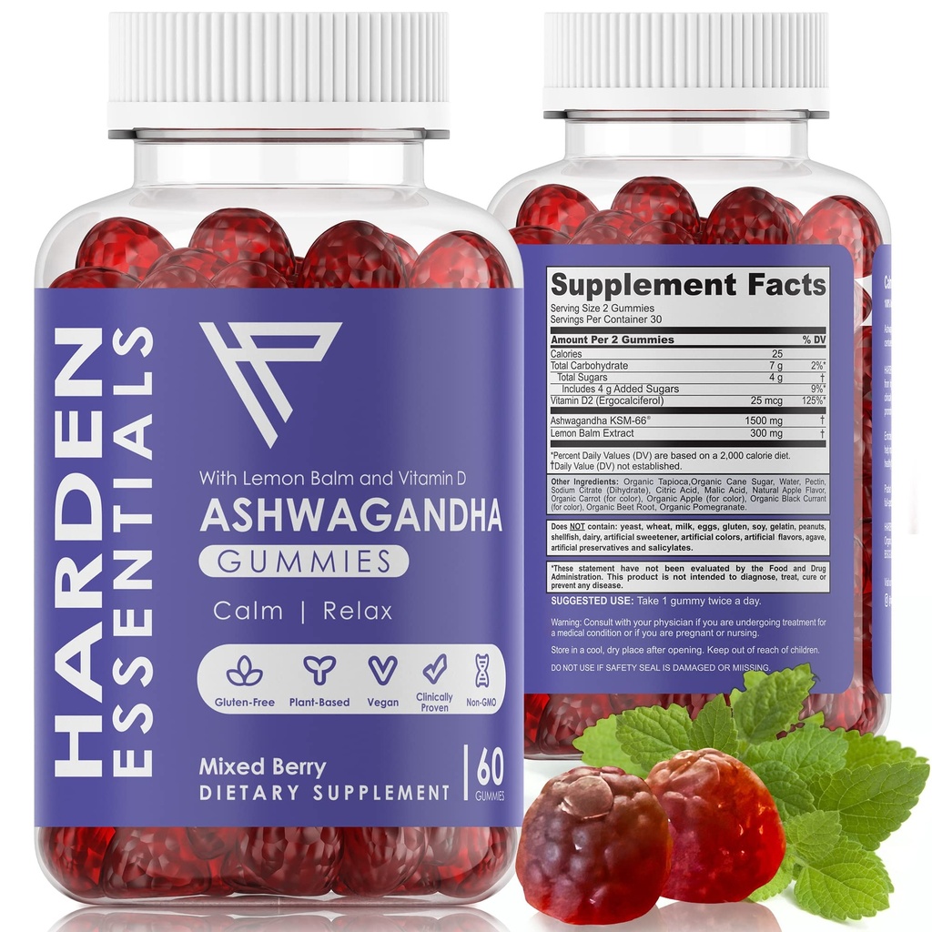 KSM-66 Ashwagandha Gummies w/Lemon Balm & Vitamine D (Max Strength 750mg par gummy) - Herbal Vegan & Gluten Free - Calme Mood Relaxation - Soutien Stress - Gummies pour adultes Enfants Femmes Hommes (60 Comte)