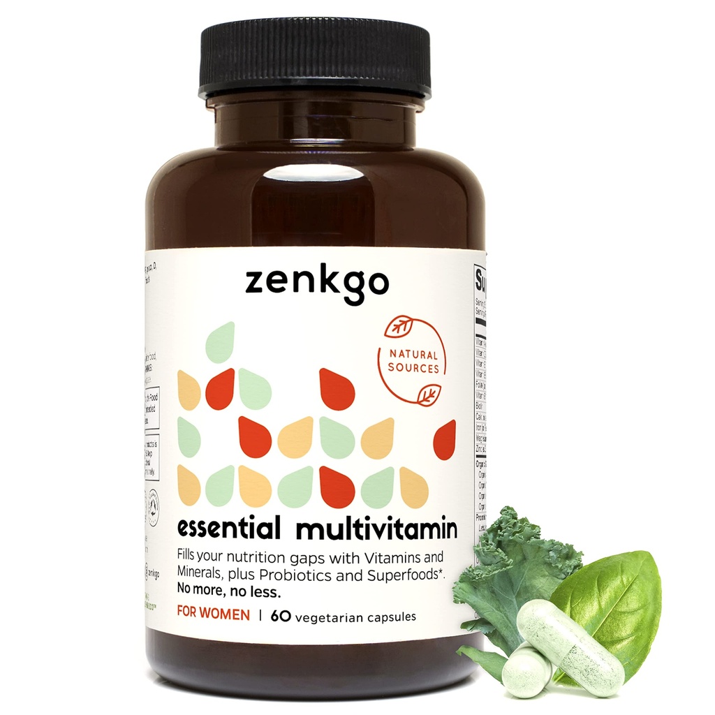 Zenkgo Vitamines pour femmes + probiotiques 25B CFU + aliments organiques entiers, soutient l'immunité, la digestion, l'énergie, les vitamines quotidiennes A, E, B6, B12, Vegan D3, K2 (MK-7), Folate, Minéraux, Superaliments(60Ct/30Day)