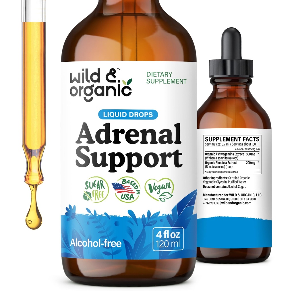 Gocce di sostegno surrenale selvatico e organico per Outlook positivo - Integratori di supporto surrenale naturale per le donne e gli uomini - Vegan, No Sugar & Alcohol - Alimentazione 2 mesi - 4 fl oz