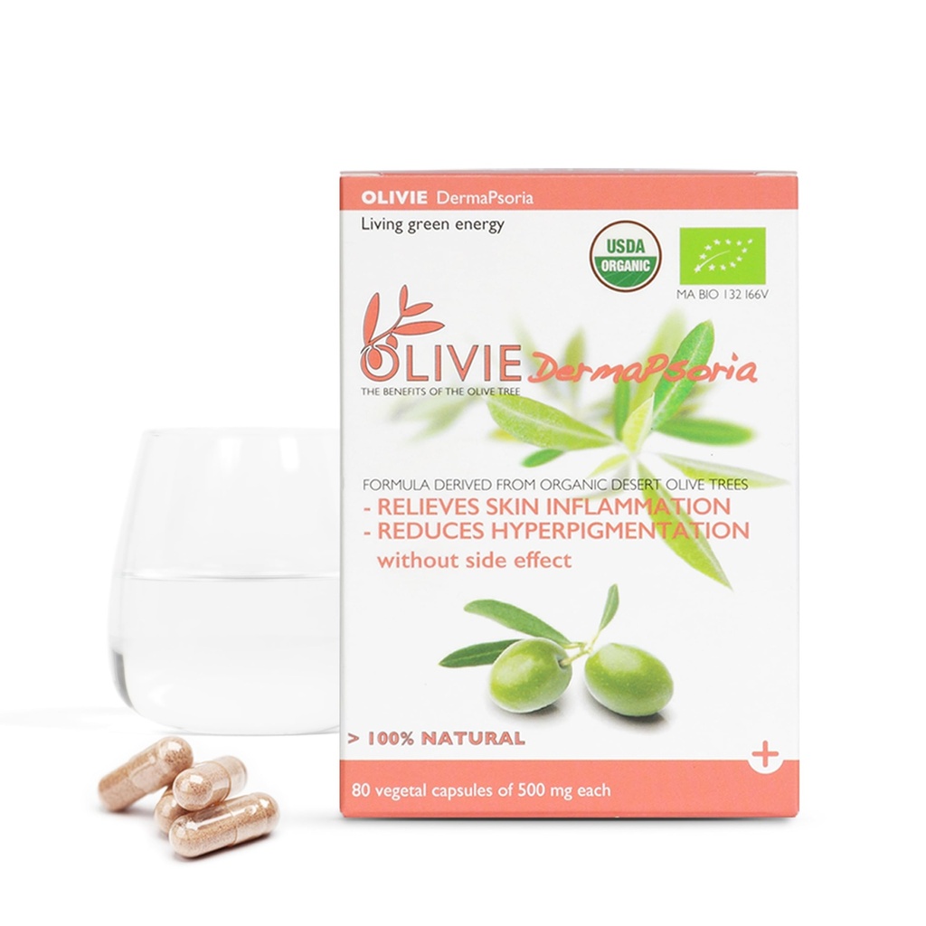 Integratore di Estratto di Foglie di Oliva Biologico per Donne e Uomini di OLIVIE | Supplemento DermaPsoria per Psoriasi, Eczema, Iperpigmentazione | Capsule Olio di Oliva | Polifenoli Antiossidanti | 80 Capsule Vegetali