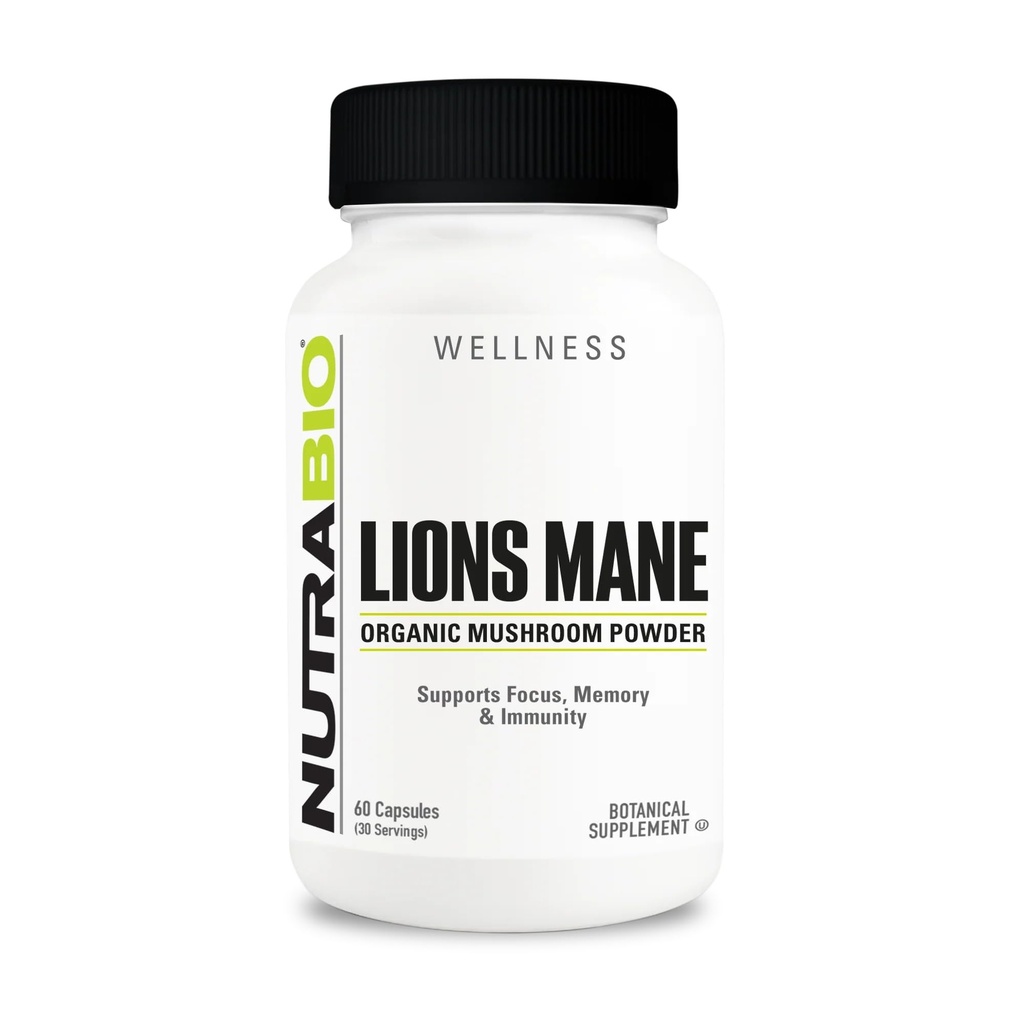 NutraBio Lions Mane Supplement Capsules- Organic Lion's Mane Mushroom Powder (500mg)- Focus, Memoria, Immunità - 60 capsule vegetali