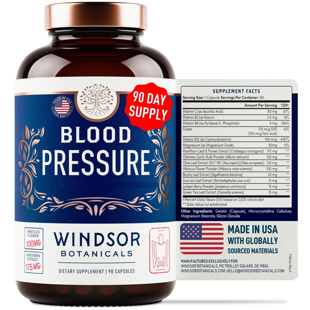 Supplément de soutien de la pression artérielle - Thé vert, Hibiscus, Hawthorn, Ail - Vitamine de pression artérielle, minéraux et naturels activés - Approvisionnement de 3 mois, 90 capsules