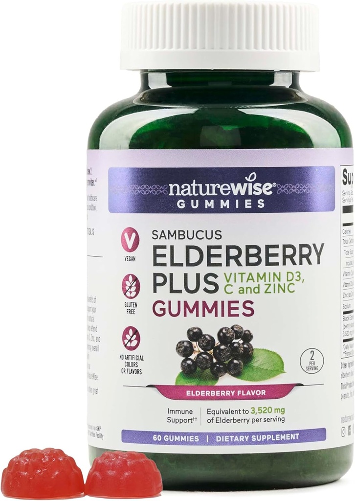 NatureWise Sambucus Elderberry Gummies - Integratore di Supporto Immune per Bambini Età 4+ & Adulti con Vitamina C, D3, Zinco - Anziani Equivalente a 3520mg - Vegan, Non-GMO - 60 Count[30-Day Supply]