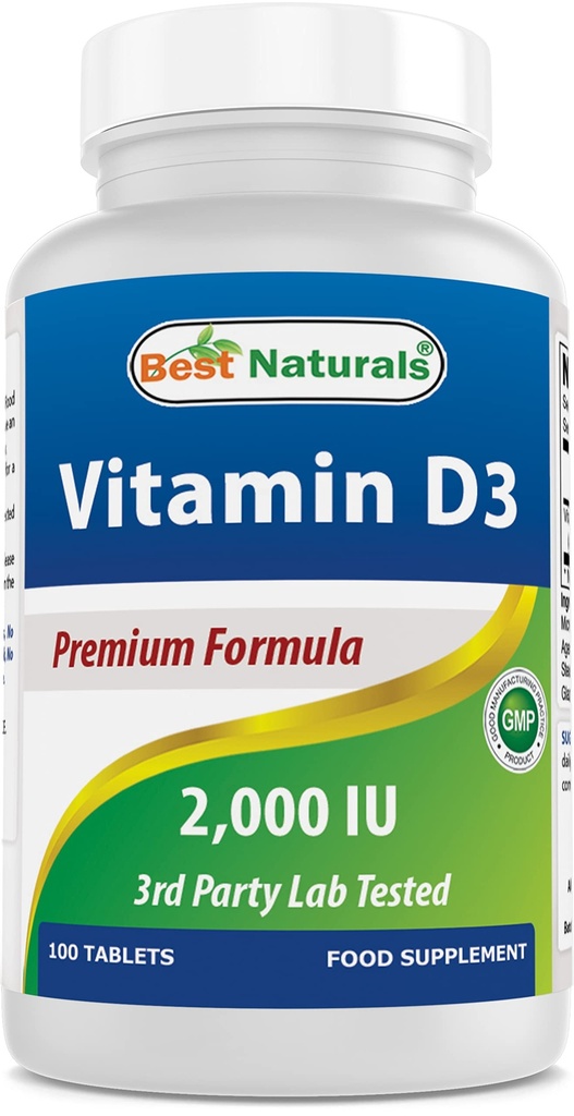 Best Naturals Vitamin D3 2000 IU (50 mcg) - 100 Tabletten - 100 Tage Versorgung - Unterstützt Immune Gesundheit, starke Knochen und Zähne, & Muskelfunktion (100 Zähler (Pack von 1))