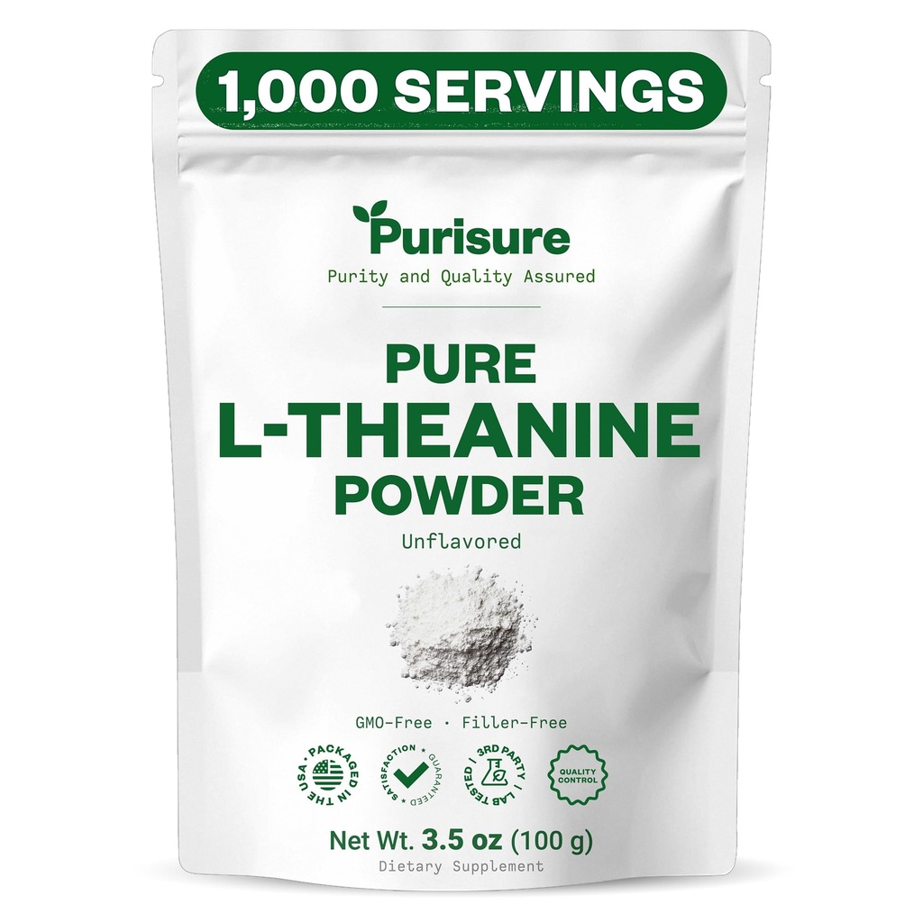 Poudre de L-Theanine purisure, 100 g, poudre de L pure Theanine qui favorise la relaxation et le focus, supplément pour la fonction cognitive, pas de remplissage, non-OGM, 1000 portions
