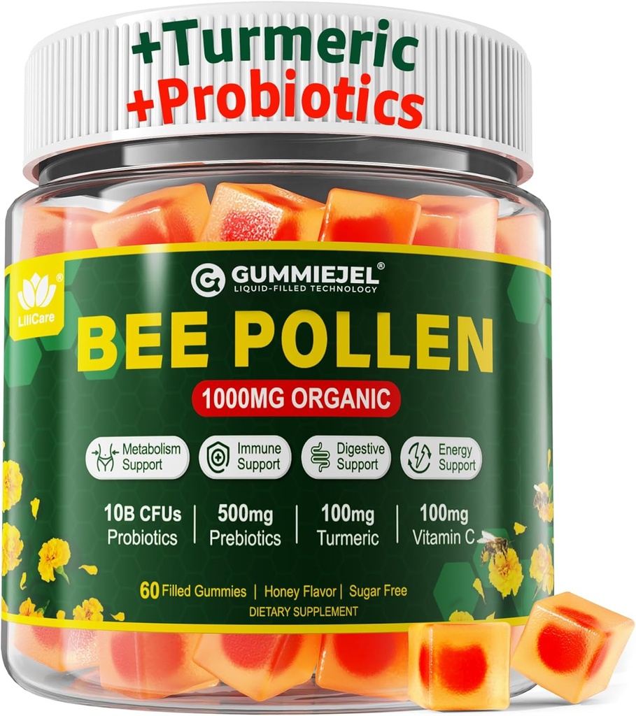 Digestivo Salute e Peso Ape Polline Organic 1000mg, w/Probiotics, Prebiotics & Turmeric, Ape Pollen Gummies Ricco di B-Vitamin, Antiossidanti, Aminoacidi, Per Digestivo, Peso & Energia