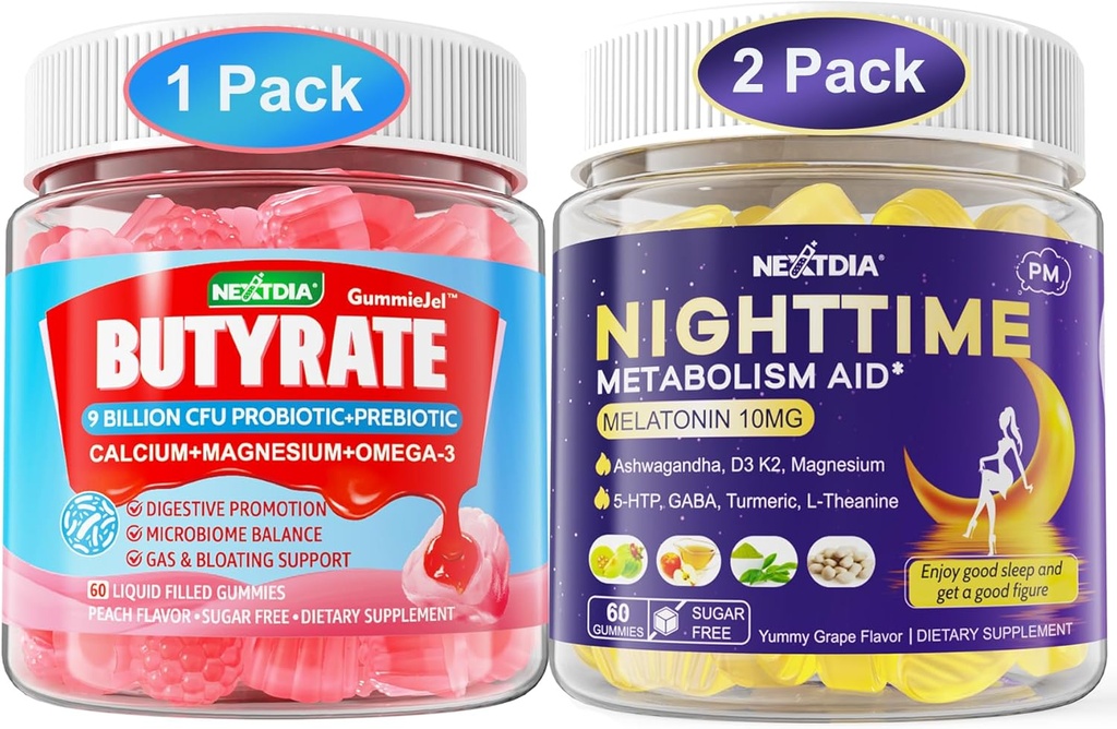 Bundle: Butyrate Gummis mit Probiotic + Prebiotic + Postbiotic & Melatonin 10mg 20mg Nachtzeit Metabolismus Schlafgummis