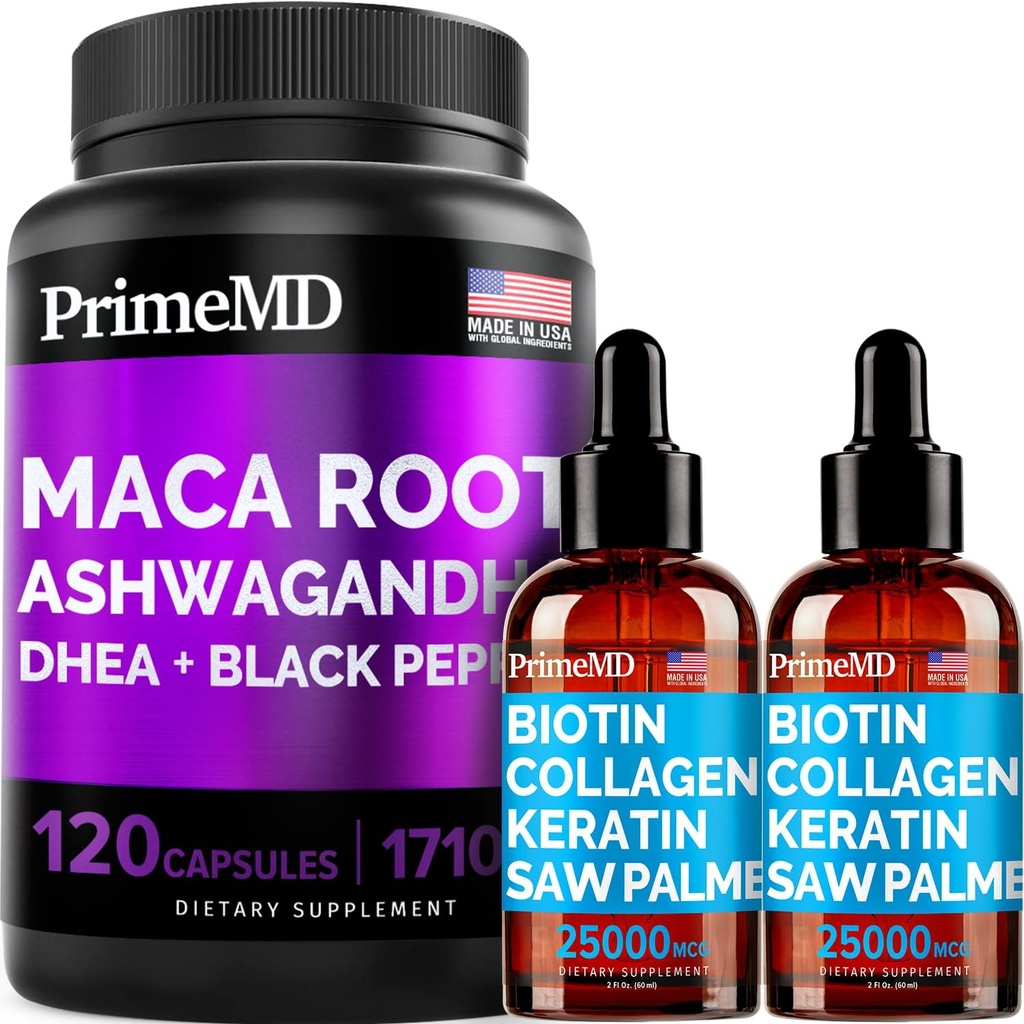 4-en-1 Liquid Biotin Collagen Kératin Saw Palmetto gouttes (2 fl oz - 2 pack) & 6-en-1 Maca Root Ashwagandha w Black Pepper Fruit (120ct) Bundle - Cheveux, peau, ongles, énergie et soutien de l'humeur