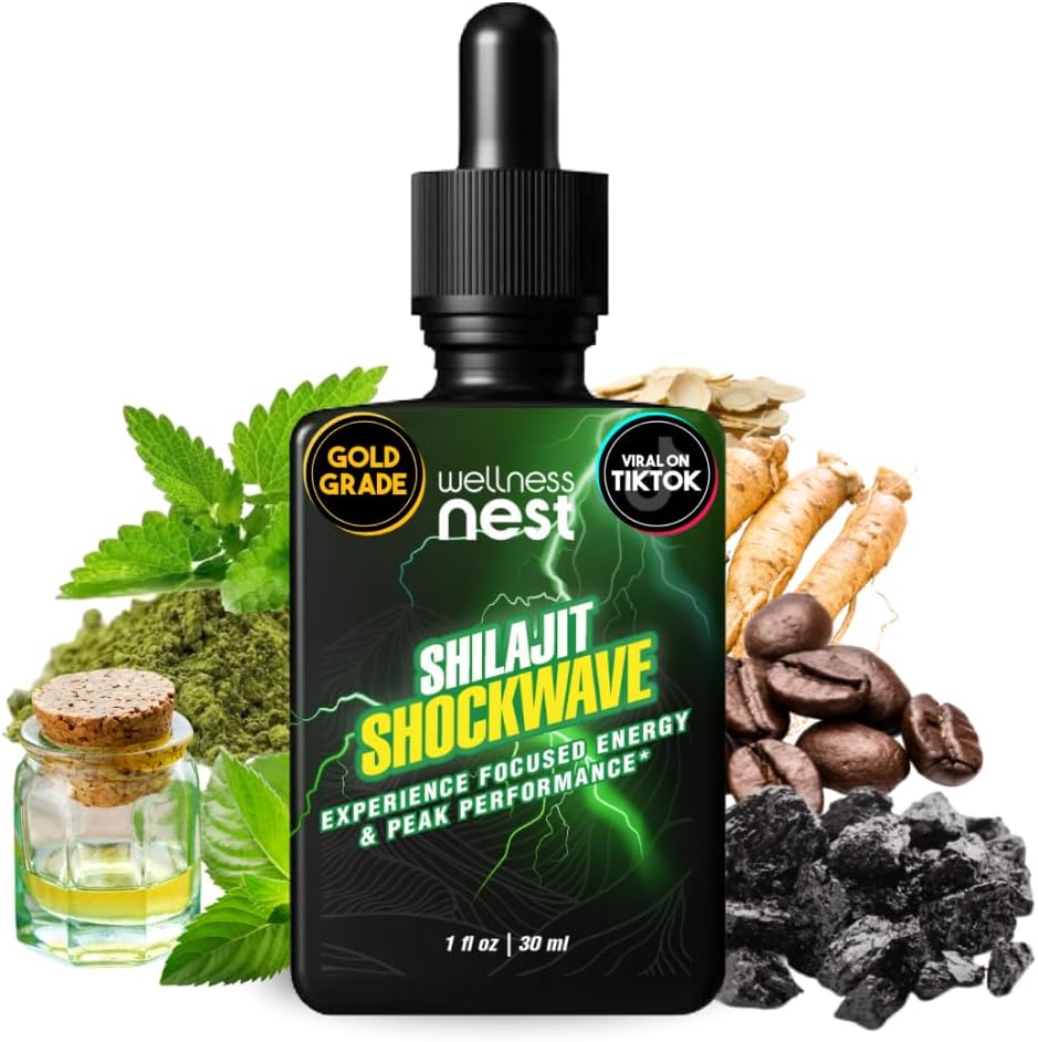 Wellness Nest Shilajit Shockwave Tropfen: Energie Tropfen, Fokus Tropfen - Pure Himalaya Shilajit mit natürlichem Tulsi, Panax Ginseng, Peppermint, Japanmint Supercharge Ihr Tag - 30 Portionen