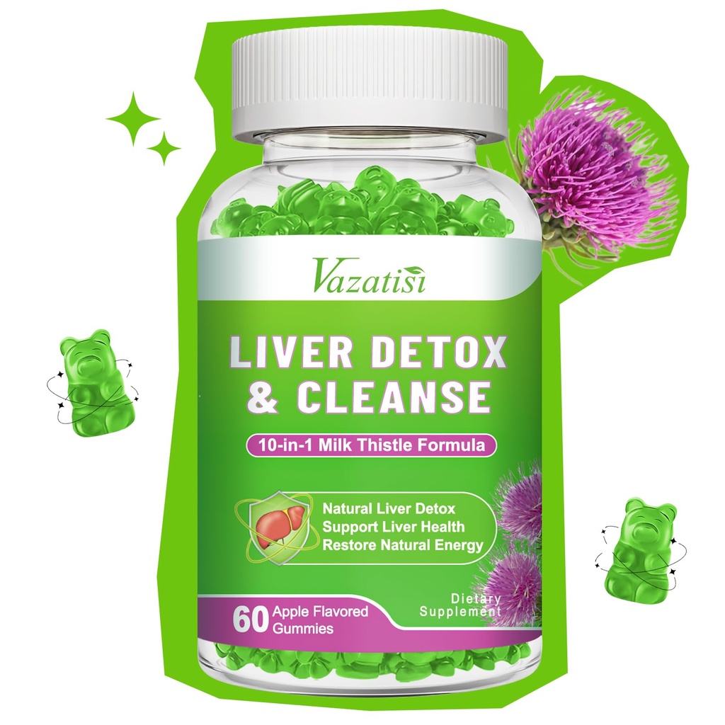 Milchdistelgummis für Erwachsene Kinder. Leberreiniger Detox-Reparatur-Gummien, Milchdistle-Extrakt-Ergänzung für Leber Unterstützung Verdauungs-Antioxidans, 60ct Apple Flavor