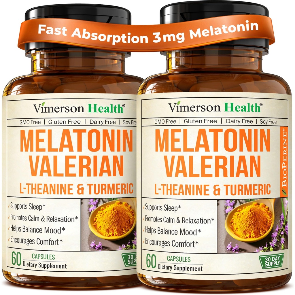 Melatonin Schlafhilfe mit L Theanine & Valerian Root – Kurkuma – Kurkuma mit Ginger & Black Pepper – L-Theanine & Melatonin 3mg zum Schlafen, Beruhigen und Stress Relief – 2 Pack