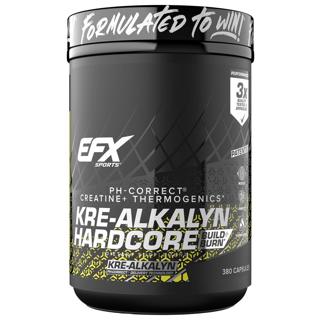 EFX Sports Kre-Alkalyn Hardcore | Thermogenic pH Correct Creatina Monoidrato Pillola Supplemento | Energy & Strength Pre Workout | 126 Serve, 380 Capsule