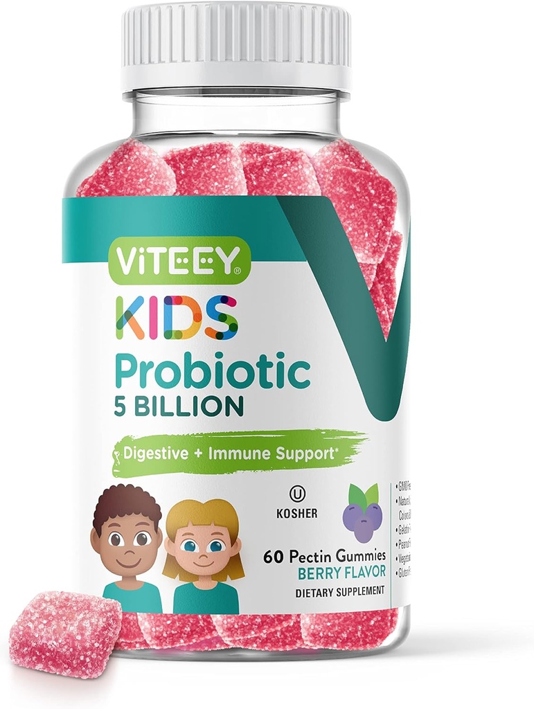 Gummées probiotiques Viteey pour enfants - 5 milliards d'UFC - Probiotiques Protection contre la constipation des enfants, Immune naturelle et soutien à la santé digestive - Végétarien, sans gélatine, sans OGM - Gummy aromatisé aux baies savoureux