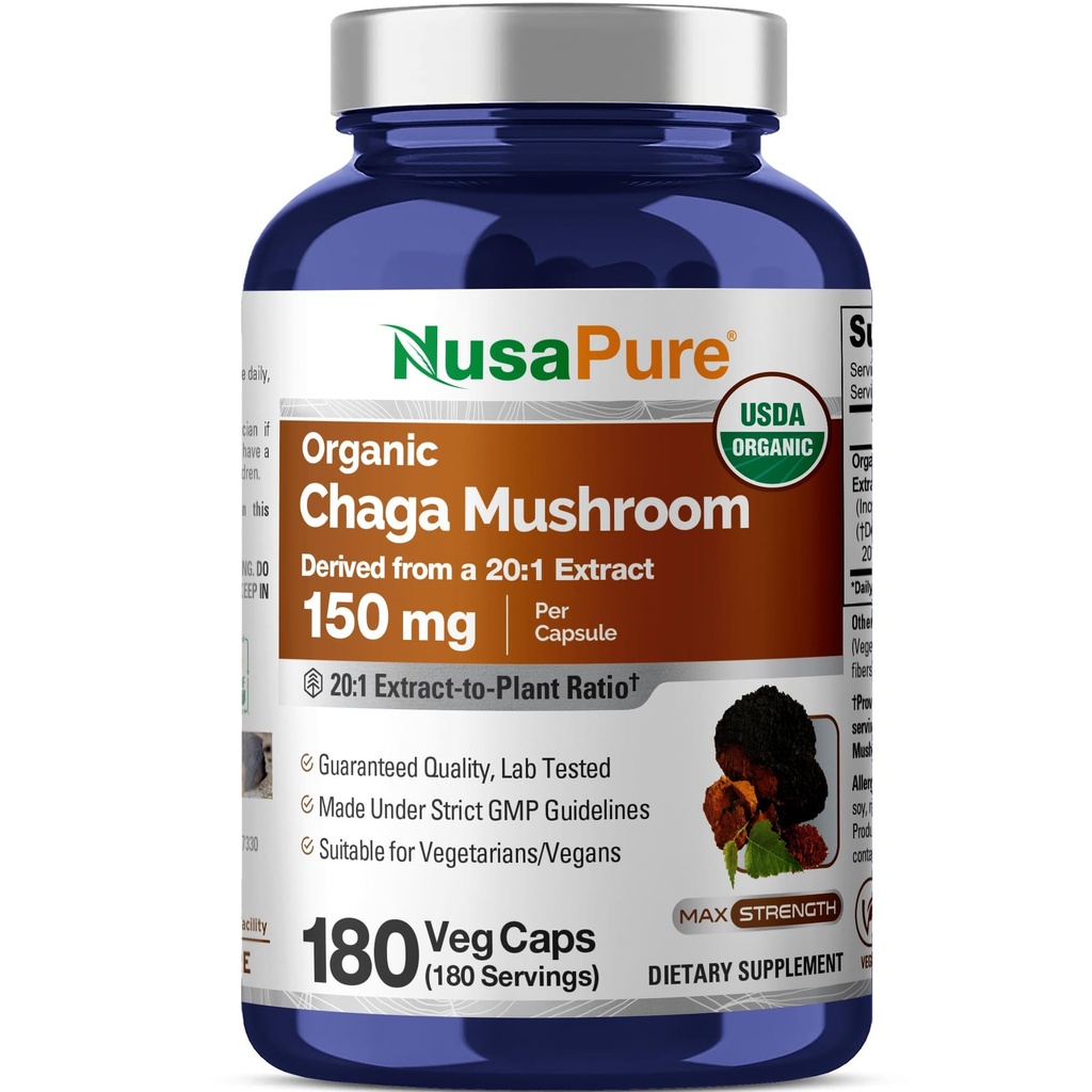 NusaPure Chaga Mushroom 20:1 Extrakt, 150 mg Äquivalent zu 3.000mg pro Veggie Capsule, 180 Count, USDA Organic, Vegan, Non-GMO