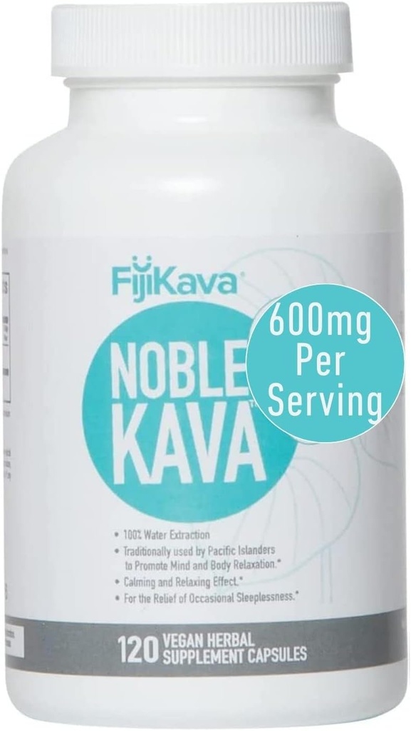 FijiKava Noble Kava Kava Capsules, 600mg Kavalactones par portion, Supplément de relaxation naturelle et de soutien du sommeil, Vegan & non-OGM, 120-Count, Extrait de Piper Premium Methysticum pour le soulagement du calme et du stress