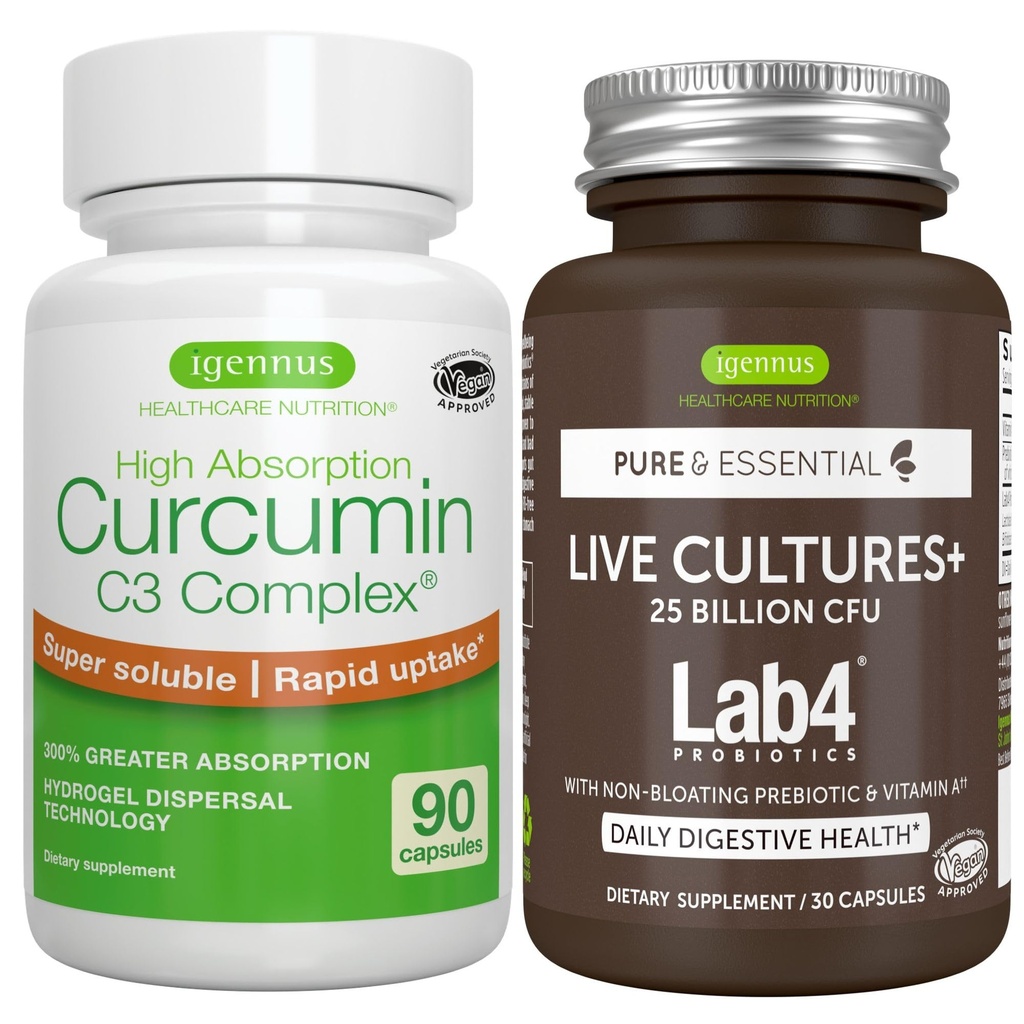 Live Cultures+ Lab4 Probiotics + High Absorption Curcumin C3 Complex Vegan Bundle, 25 Billion CFU Probiotic, nicht-Bloating Prebiotic + 300% Größere Absorption Curcuminoide mit schneller Aufnahme, von Igennus