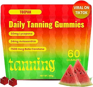 60 Pcs Natural Tanning Gummies, Astaxanthin 24mg Lycopene 50mg Plus Beta Carotene 7500 mcg, I migliori integratori di astaxantina per la salute della pelle & Glow, Non-GMO, Sapore di anguria