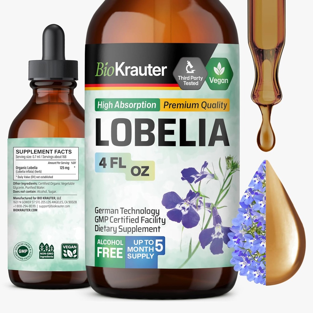 BIO KRAUTER Lobelia Tincture for Lung Cleanse & Detox - Pure Vegan Lobelia Herb Liquid Extract - 4 Fl.Oz 168 Days of Supply - Respiratory Support Supplement - Alcohol & Sugar Free, Non-GMO