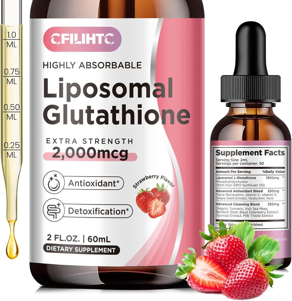Liposomal Glutathione Liquid Drops, Glutathione Liquid Supplement, Active Form L- Glutathione, con Vitamina C, Liver Detox, Antiossidante per Antiinvecchiamento, Immune & Cleansing, Fragola Flavor, 2 FL.OZ