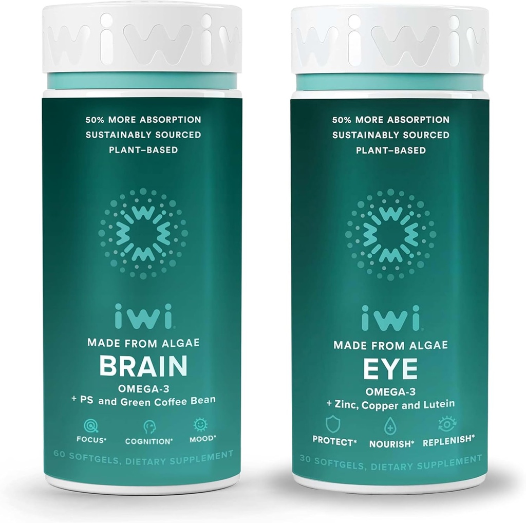 Iwi Life Brain & Eye Omega-3 Bundle, 30 Servierungen, Vegan pflanzenbasierte Algen Omega 3 mit EPA + DHA, Krill & Fish Oil Alternative, keine Fishy Nachgeschmack