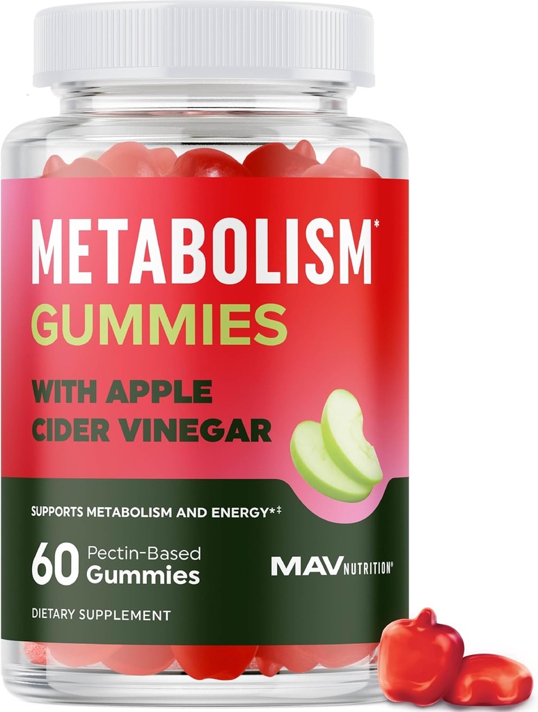 Metabolismo Gummies con Aceto di Sidro di Mela | Energia, Digestione e supporto di massa corporea magra | Gummies di Aceto di Sidro di Mela con la madre, B12 & Folate | Supporto Metabolismo per le donne & uomini | 60 Ct.