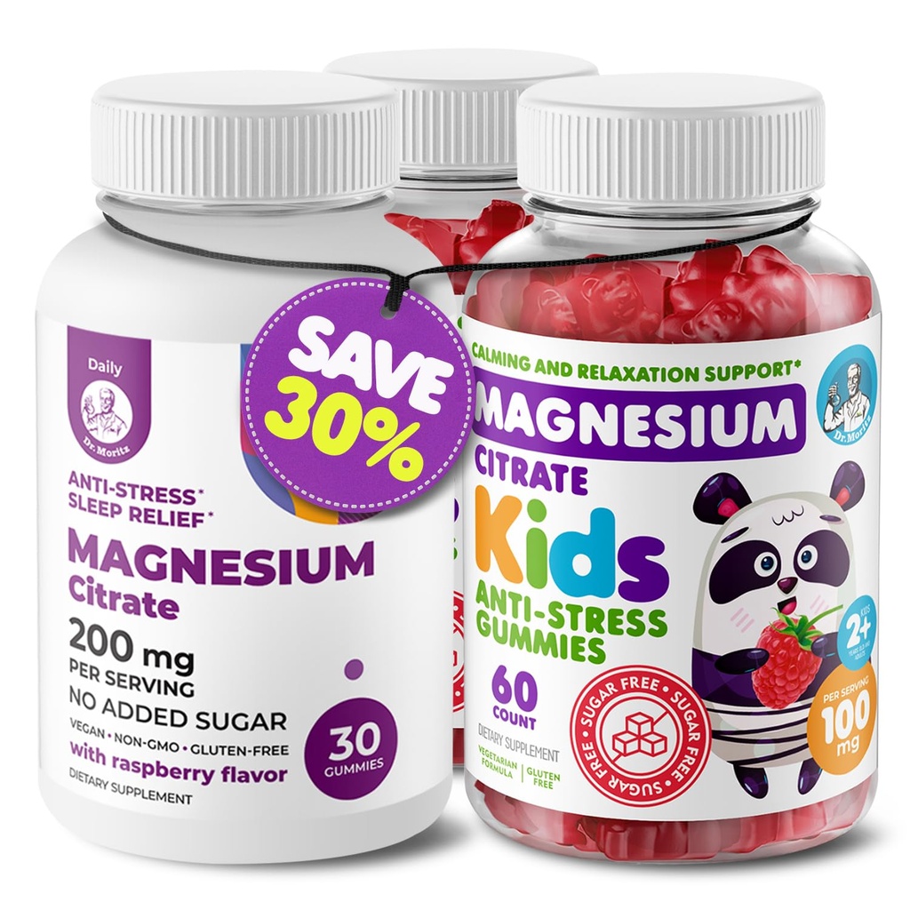 DR. MORITZ Magnesium Bundle - Gummi für Erwachsene (200mg, 30 Count) und Kinder Magnesium Gummies (60 Count, 2 Pack) - Sugar-Free