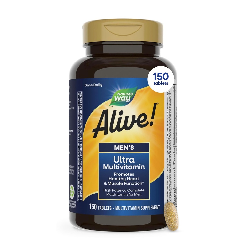 La nature est vivante ! Ultra-multivitamine quotidienne pour hommes, formule à haute puissance, favorise la fonction cardiaque et musculaire*, avec vitamine méthylée B12, sans gluten, 150 comprimés