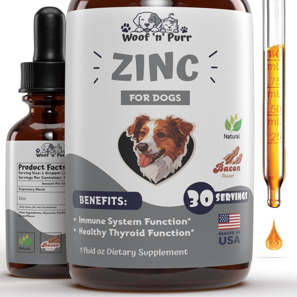 Zinco per cani - Supplemento di zinco del cane - Aiuta a sostenere la pelle sana, cappotto, salute immunitaria & More - Zinco del cane - Supplemento della pelle del cane e dello strato - Supplemento della pelle e del cappotto per cani - 1 fl oz - Sapore di pancetta
