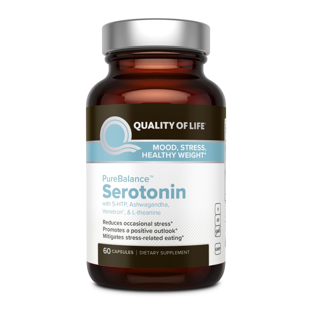 Quality of Life Pure Balance Serotonin Premium–Helps Boost Serotonin & Cortisol Levels - Includes 5-HTP, Venetron, Sensoril, Vitamin D3 & L-Theanine–60 Capsules