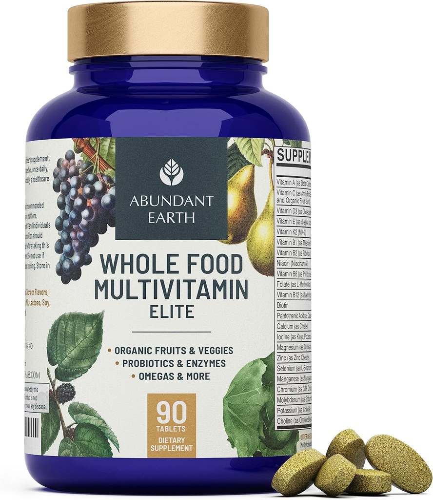 Abundante Erde ganze Lebensmittel Multivitamin für Frauen Tägliche Multi Vitamine Ergänzungen für Männer Multivitamine + B Complex, Probiotic Multi Enzyme, Omegas für organische Energie Stimmung Verdauung 90-4ctk