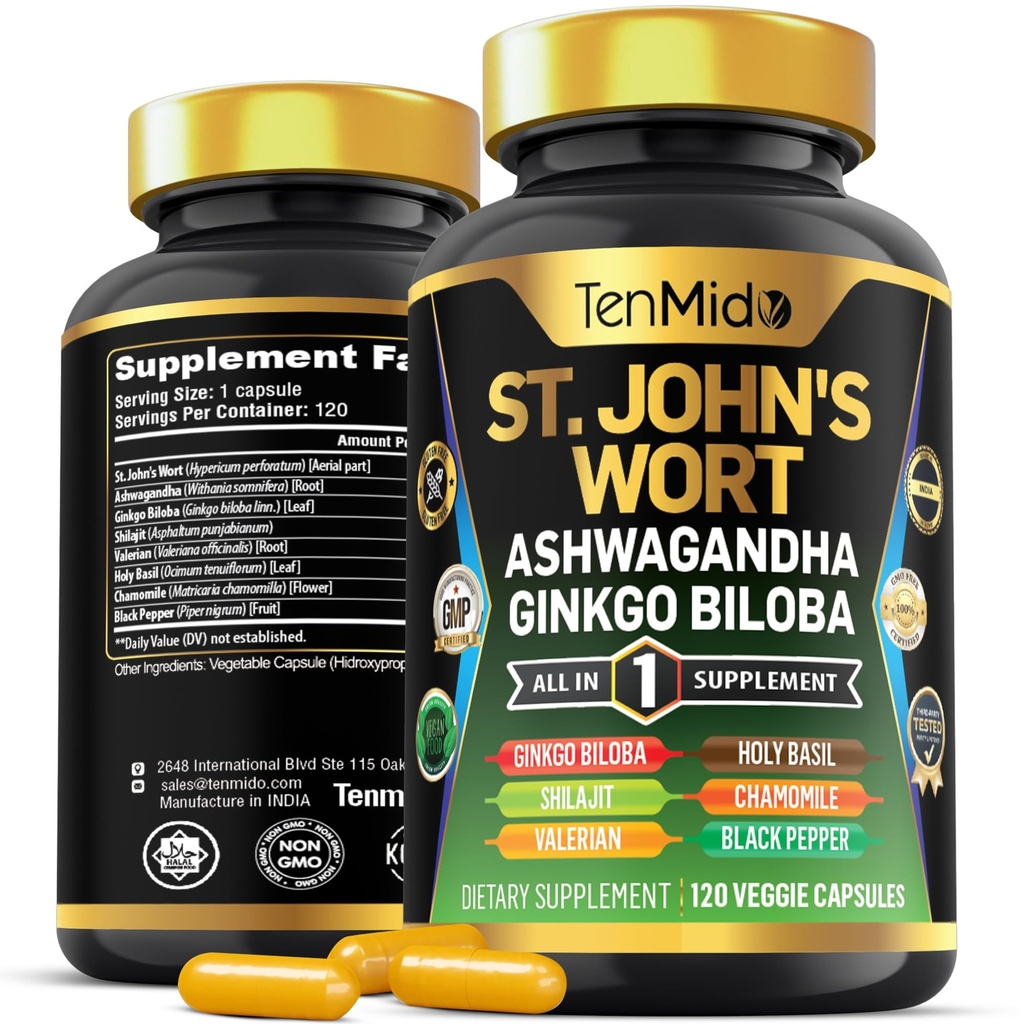 St.John's Wort Supplement - Formula 8in1 - Combina con Ashwagandha, Ginkgo Biloba, Shilajit, Valerian, Sacro Basilio, Camomilla e Pepe Nero - 120 capsule vegane per 4 mesi di fornitura