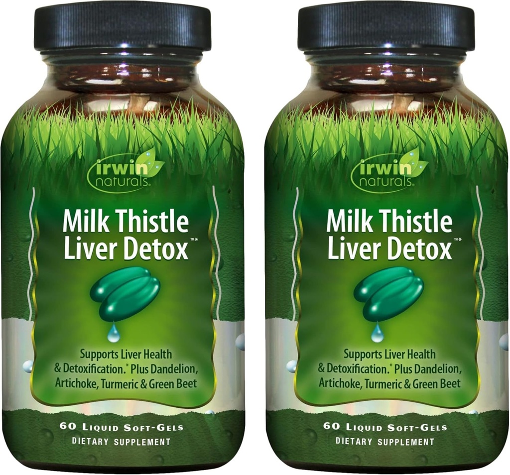 Irwin Naturals Milk Thistle Liver Detox - 60 Liquid Soft-Gels, Paket von 2 - Unterstützt Lebergesundheit mit Dandelion, Artichoke, Turmeric & Green Beet Root - 60 Gesamt Servietten