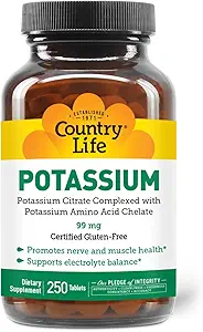 Country Life Potassium 99 mg Tablets - Chelated for Enhanced Absorption, Supports Neuromuscular Function & Electrolyte Balance, Certified Gluten Free, Vegan, Kosher, 250 compresse