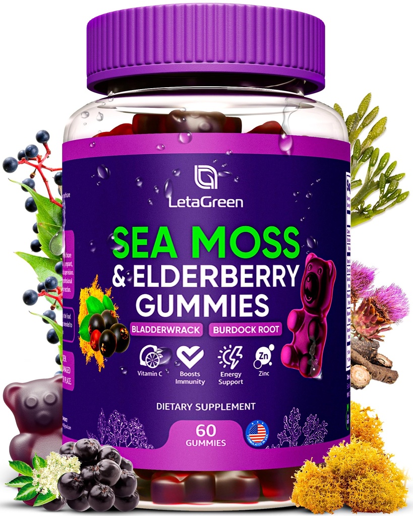 Irish Sea Moss Gummis – Bladderwrack Burdock Root Elderberry Vitamin C & Zink – 60 Vegan Seamoss Gummy Bears für Erwachsene Kinder Männer Frauen – Multimineral Elderberry Vitamins